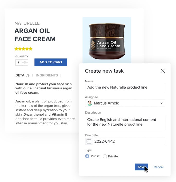 Product page and task screenshot