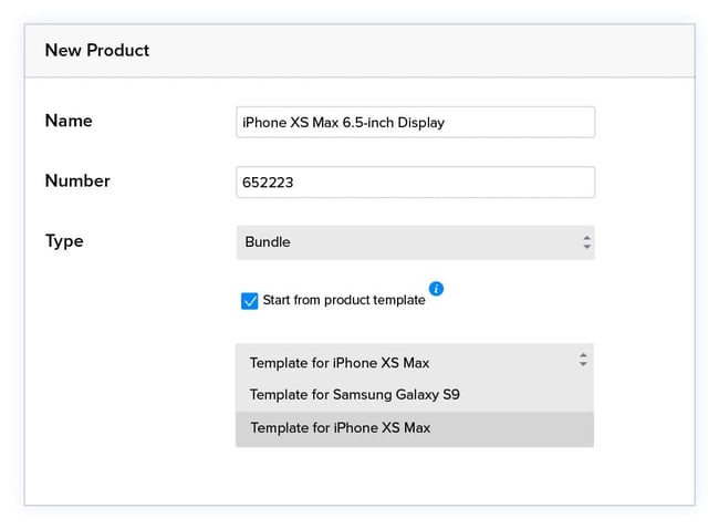 User interface of Bluestone PIM showing creating a new product from template