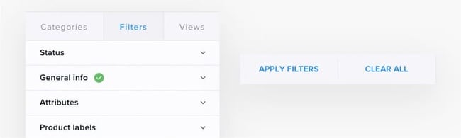 On the left – "Filters" panel with filters selected in "General info" filter group. On the right – "Apply filters" and "Clear all" buttons.